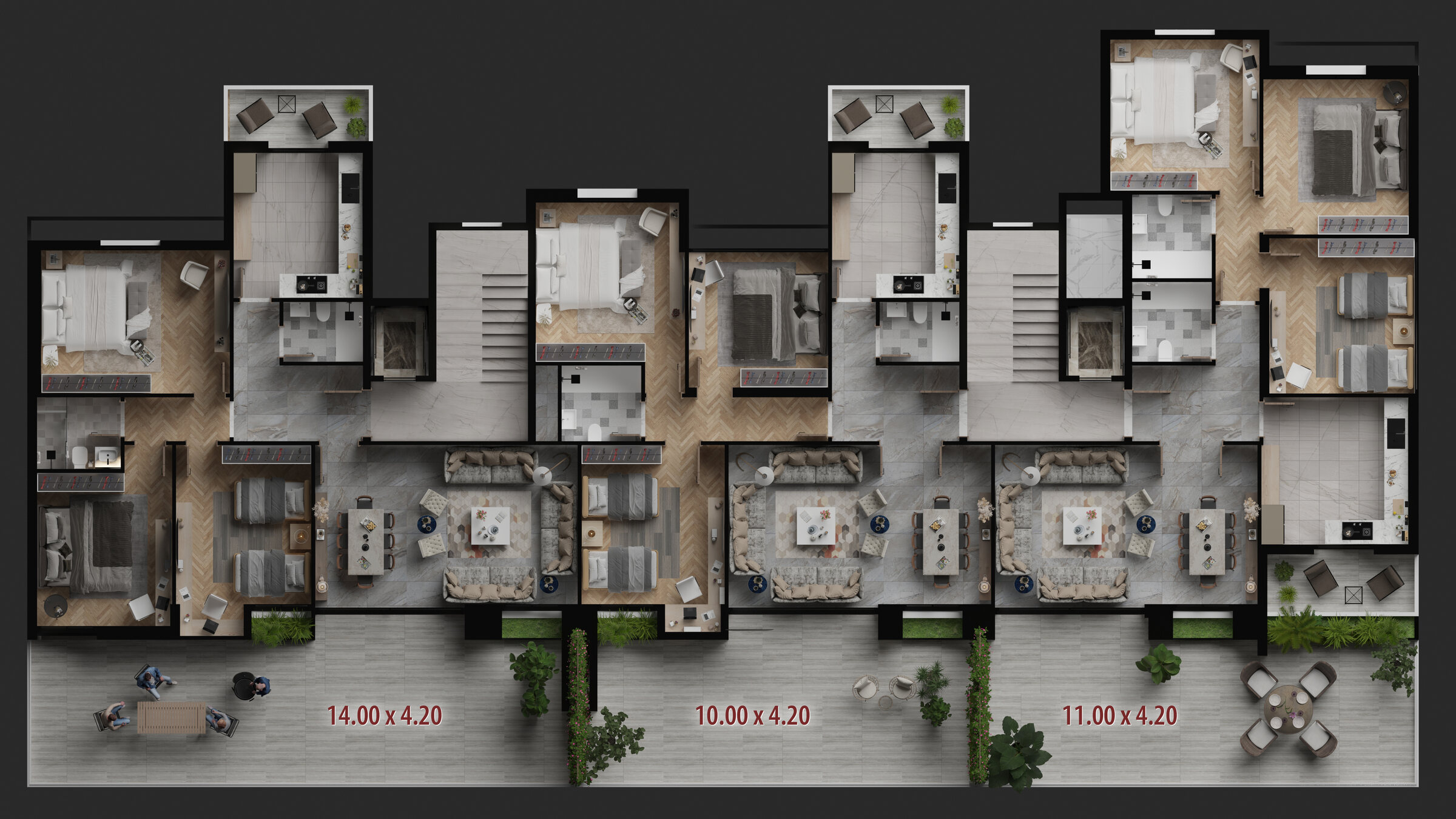 First floor plan with unit dimensions