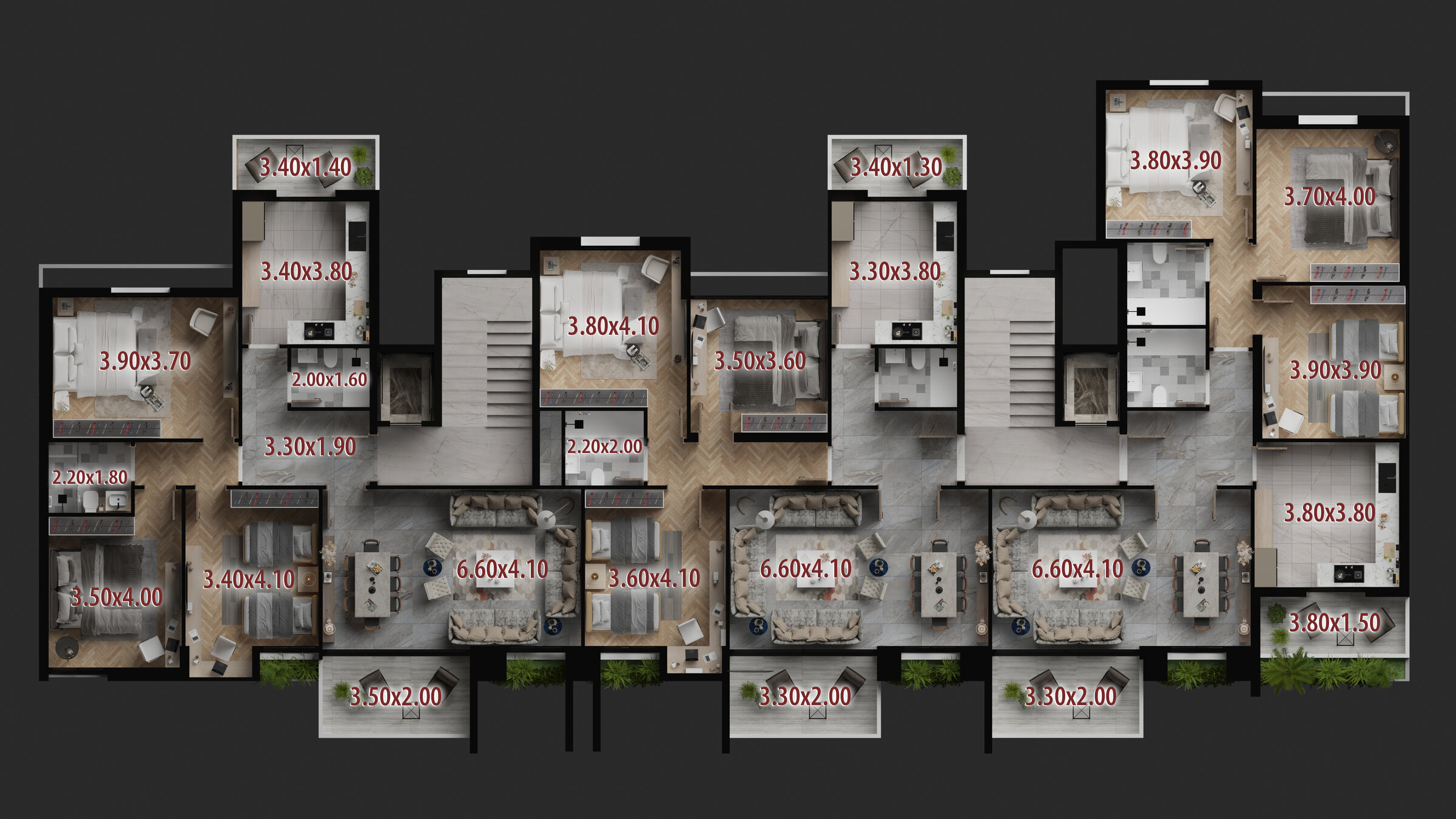 Second floor plan with unit dimensions